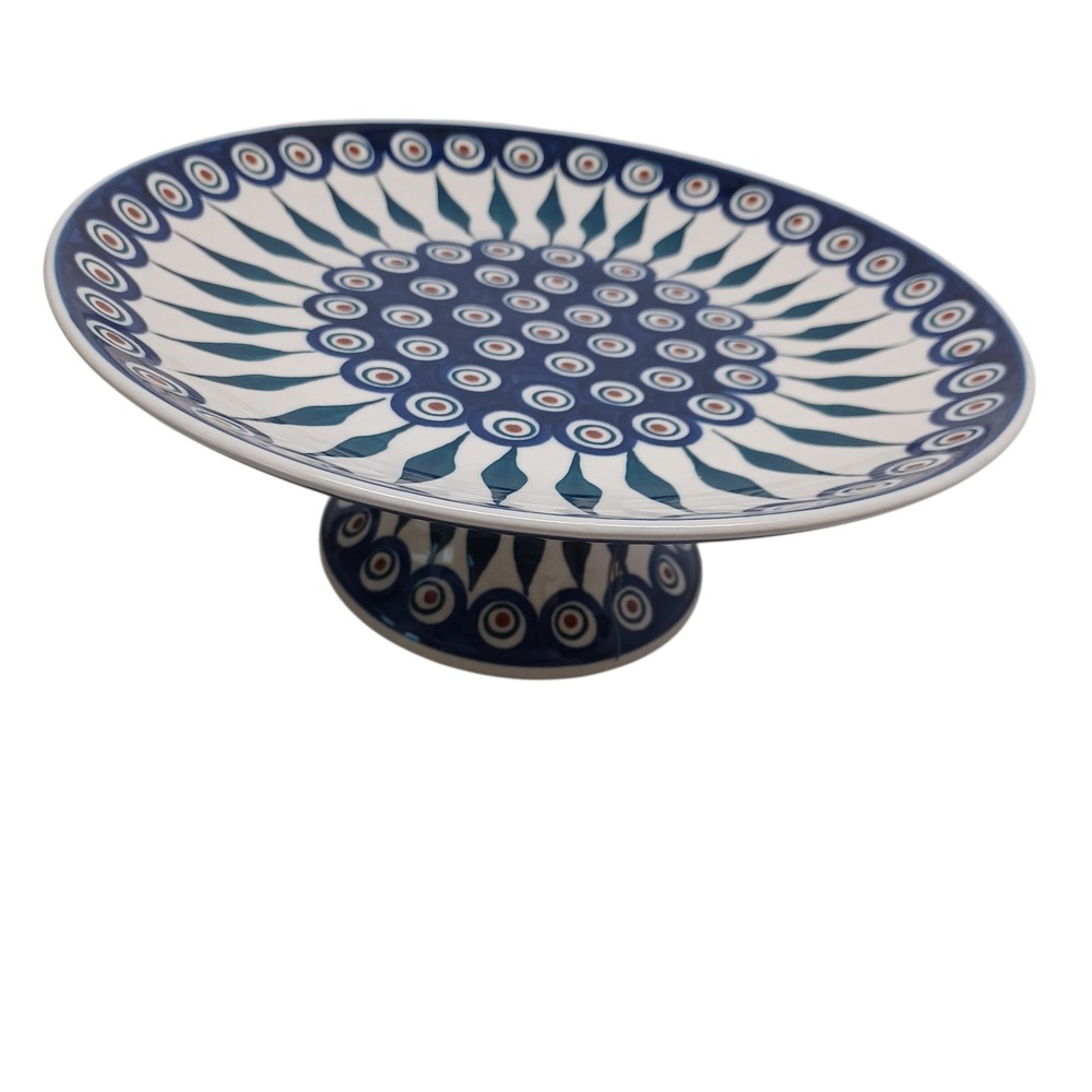 Manufaktura Polish Pottery Peacock Eye Cake Stand Hand Painted M. Pokora 9.75"